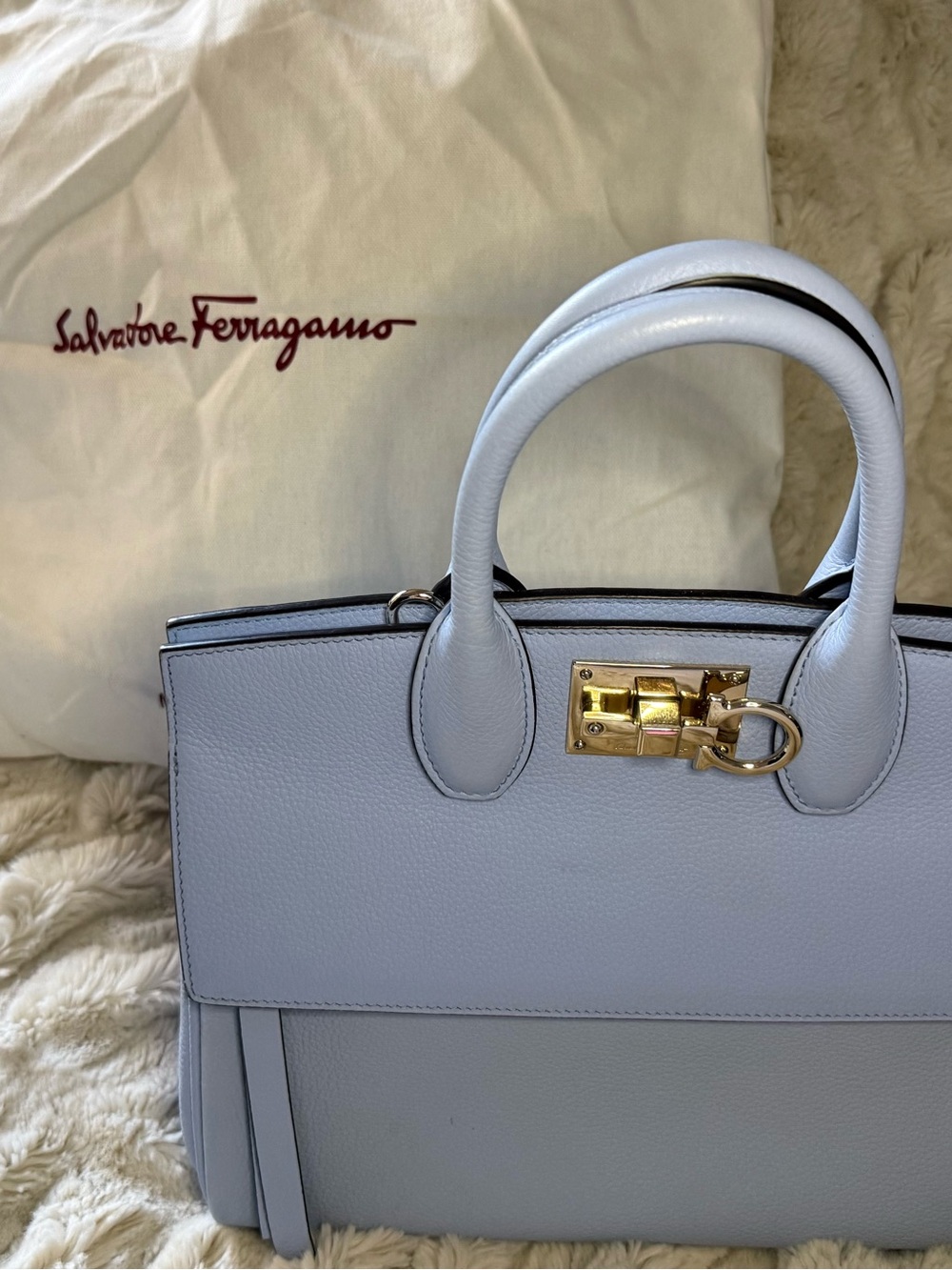 Salvatore Ferragamo Light Blue Leather Top-Handle Satchel with Gold Hardware